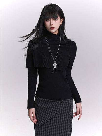 Accents Shawl Set Knit Dark Top Button Gothic Long Gray/Black Sleeves