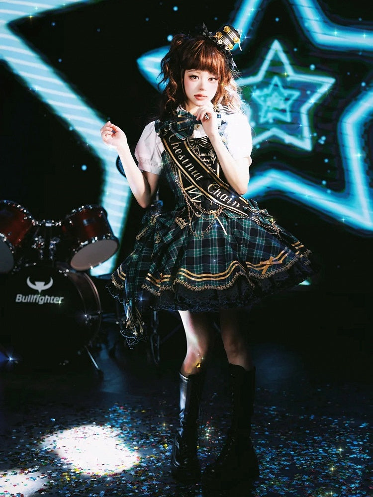 Green Idol Lolita Plaid JSK Dress with Golden Bear Embroidery and Black Scalloped Hem - LiLi Chain