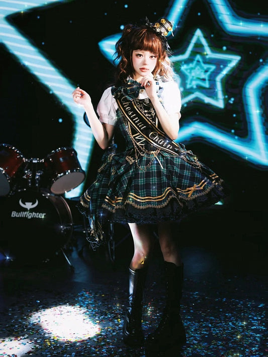 Green Idol Lolita Plaid JSK Dress with Golden Bear Embroidery and Black Scalloped Hem - LiLi Chain