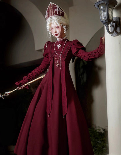 Wine Nun Outfits Halloween Dress Sleeves Cross Lolita Gathering Embroidery Red Juliette