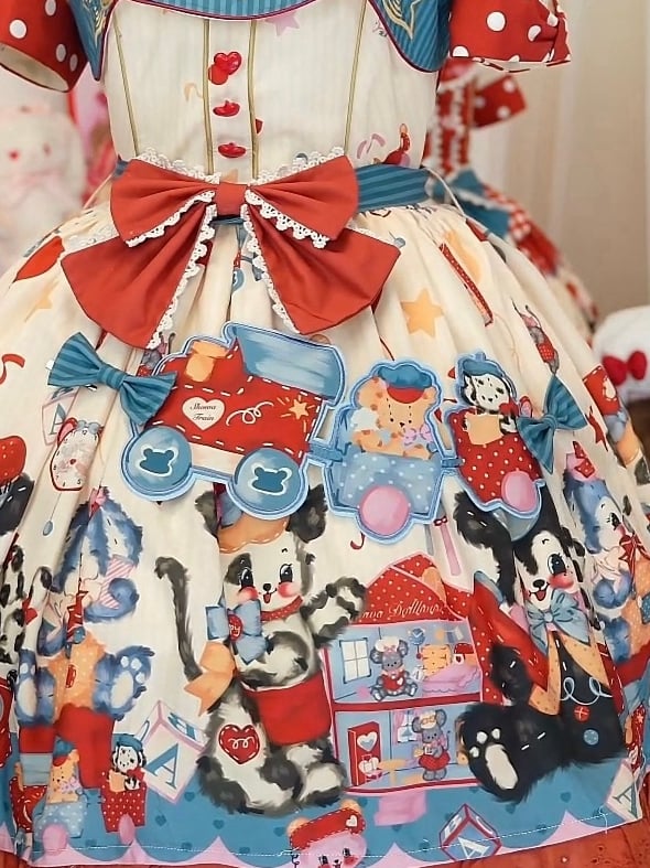 Red and Blue Toy Train Applique Ribbon Dress Accessory