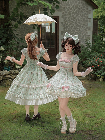Floral Striped Dress Set with Hair Clip and Choker - With PUJI