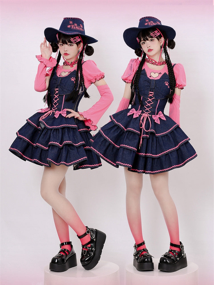 Navy Blue Lace-up Detail Sweet Bow Accents Tiered Skirt Denim Slip Dress