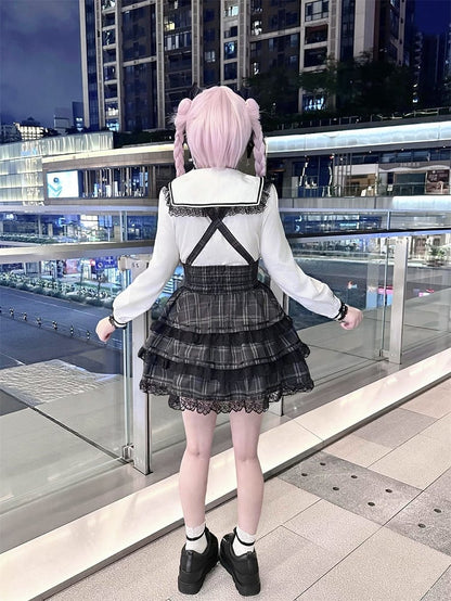 Blouse with Long White Sleeve Style Landmine Lace-Trimmed Sailor Collar Black