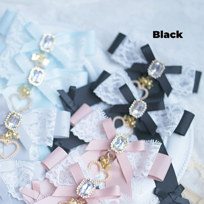 ビーズハートチャーム ジライケイ レースボウ ヘアクリップ ダスティブルー/ダスティピンク/ブルー/ブラック