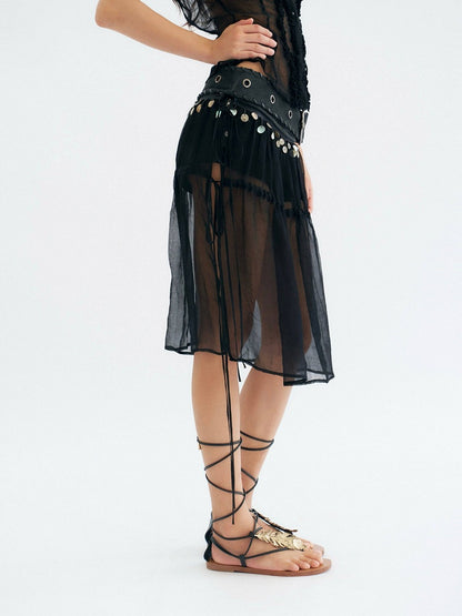 Leather Mesh Detachable PU Sheer Panel Black Punk Denim Shorts Style