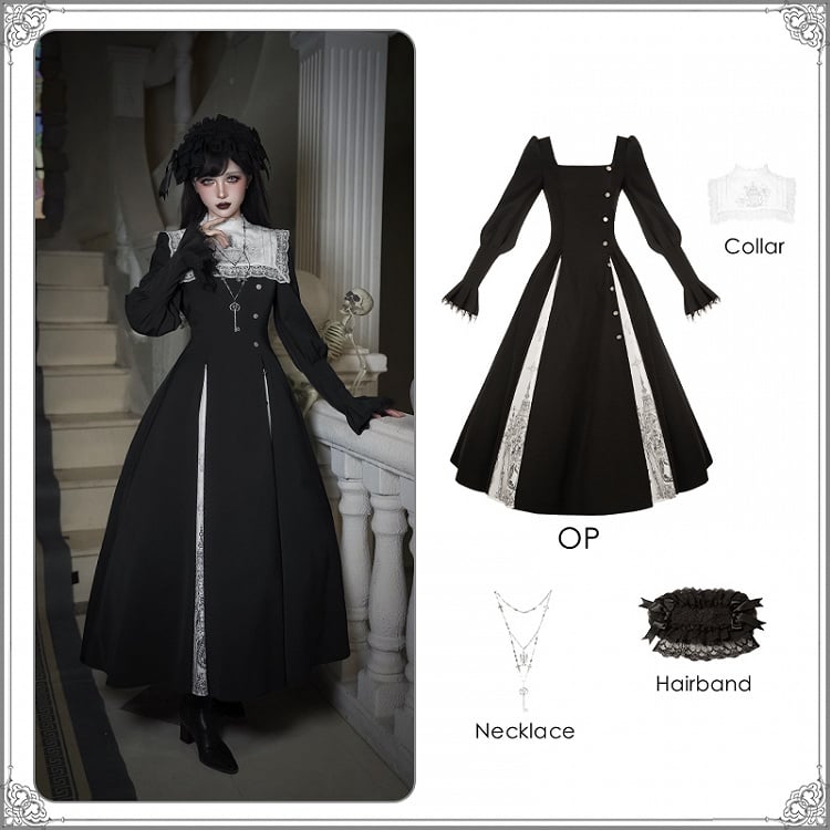 Lolita Square Print Collar + Gothic Hairband OP Black Neckline Necklace