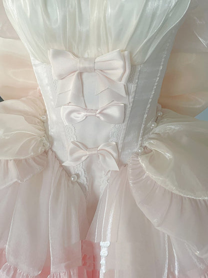 Dress Yellow Pink Lolita Bodice Details Balletcore Hime Bowknot on Strapless and