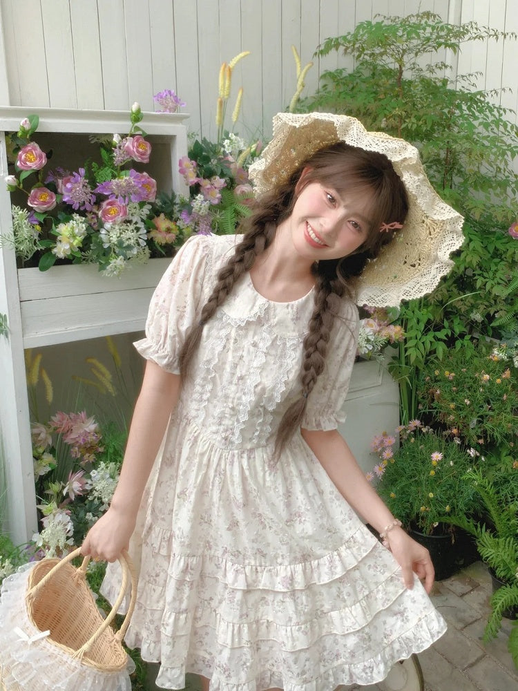 Bow Floral Dress White Peter Pan Collar Self-tie Waist Sweet