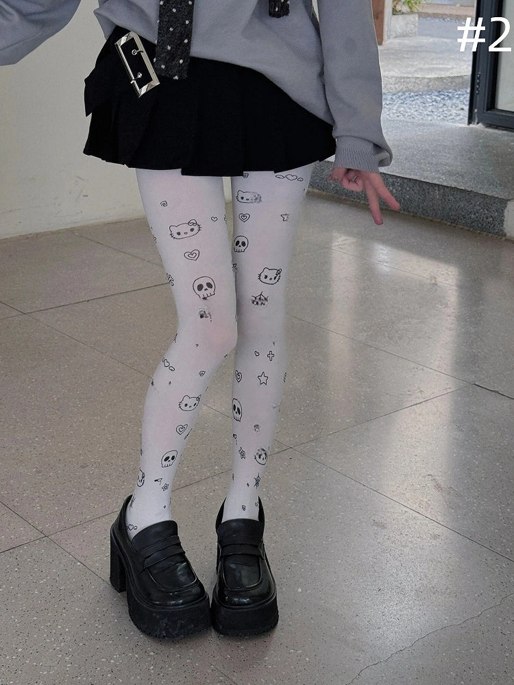 Style) (Playful Skull Pantyhose Print Kitty and Sweet