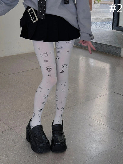 Style) (Playful Skull Pantyhose Print Kitty and Sweet