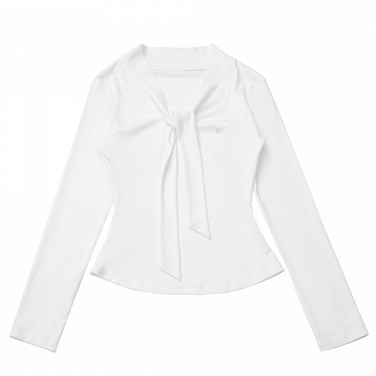 Haut long blanc/gris à nouer au col avec manches et taille cintrée