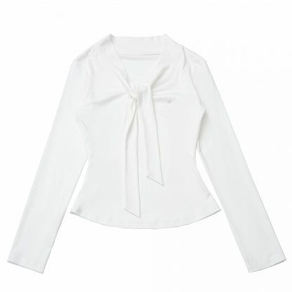 Haut long blanc/gris à nouer au col avec manches et taille cintrée