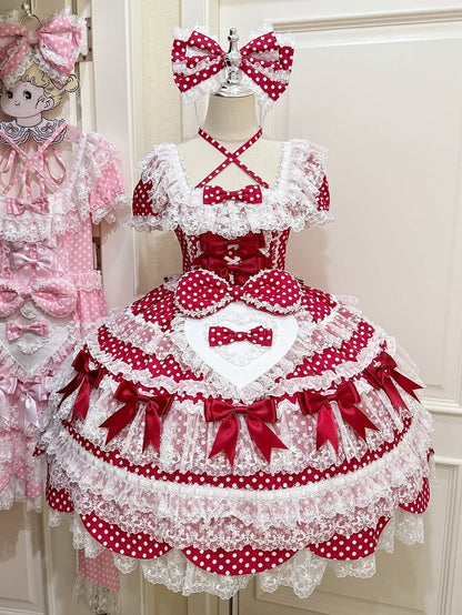 Ärmel Schule Punkte Kleid Muster Rot Lolita Alte Schleife Polka Kurze Akzente
