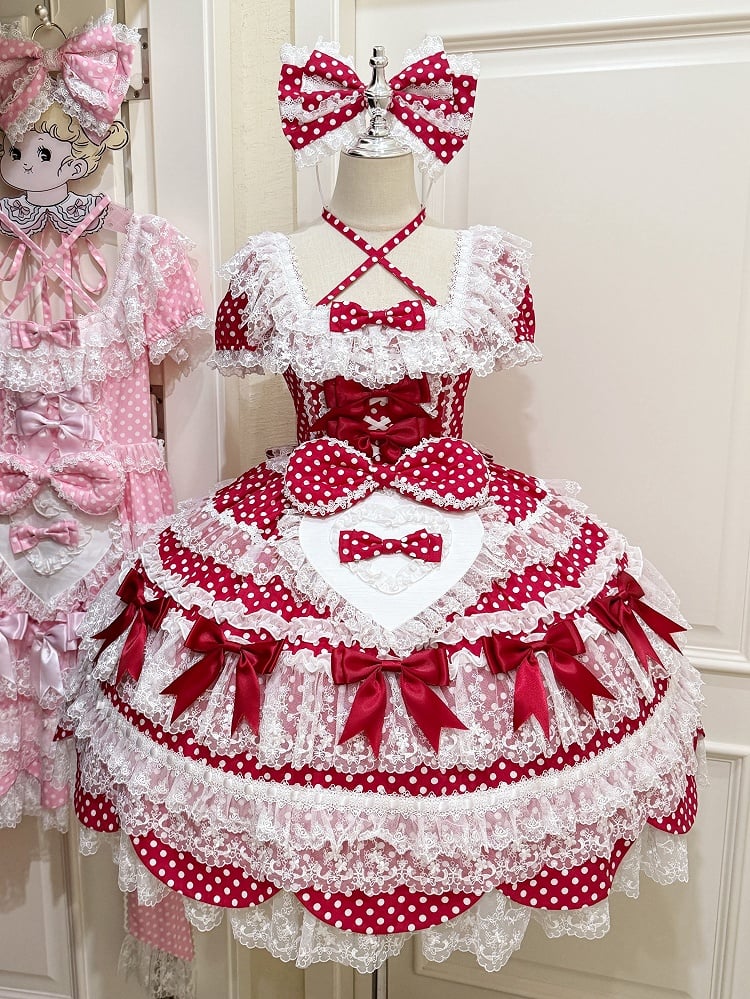 Dots Lolita Old Accents Sleeves Red Short Dress Pattern School Polka Bow