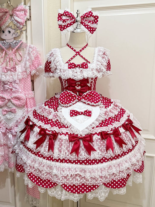Punkte Lolita Alte Akzente Ärmel Rot Kurzes Kleid Muster Schule Polka Schleife