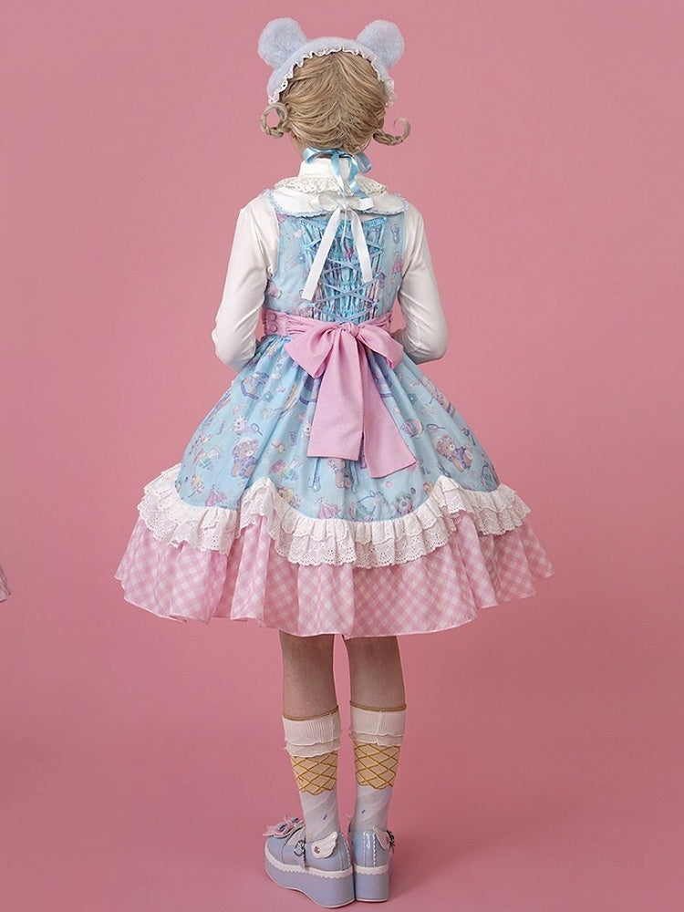 Adorable Lolita JSK Gown in Blue and Pink with Bow and Pocket Accents - Vcastle