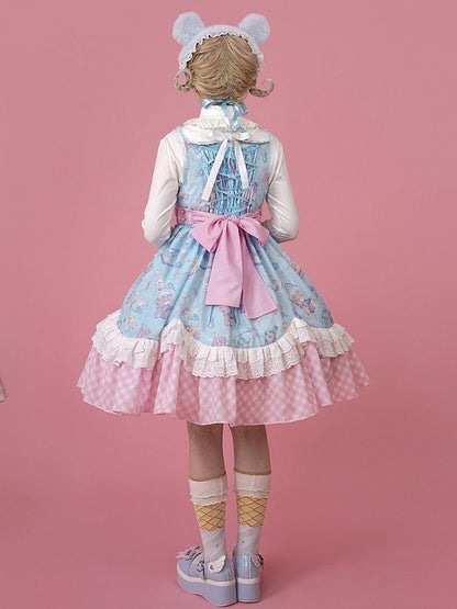 Adorable Lolita JSK Gown in Blue and Pink with Bow and Pocket Accents - Vcastle
