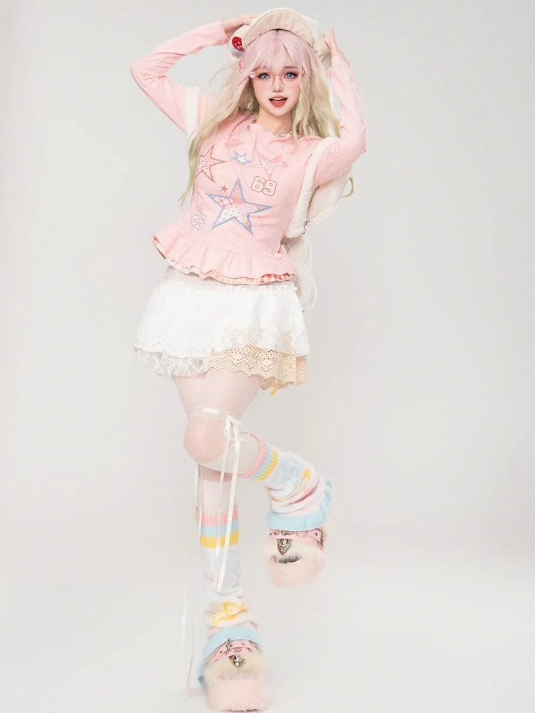 Pink Stars Print Long Sleeves Top Double Layered Ruffle Hem