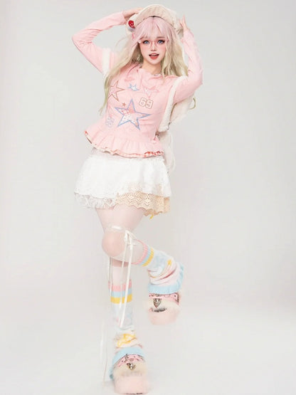 Pink Stars Print Long Sleeves Top Double Layered Ruffle Hem