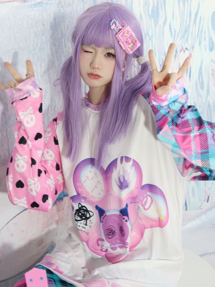 Claw Cat Heart Long And Print Sleeves Plaid Pattern Skeleton Top Y2K White
