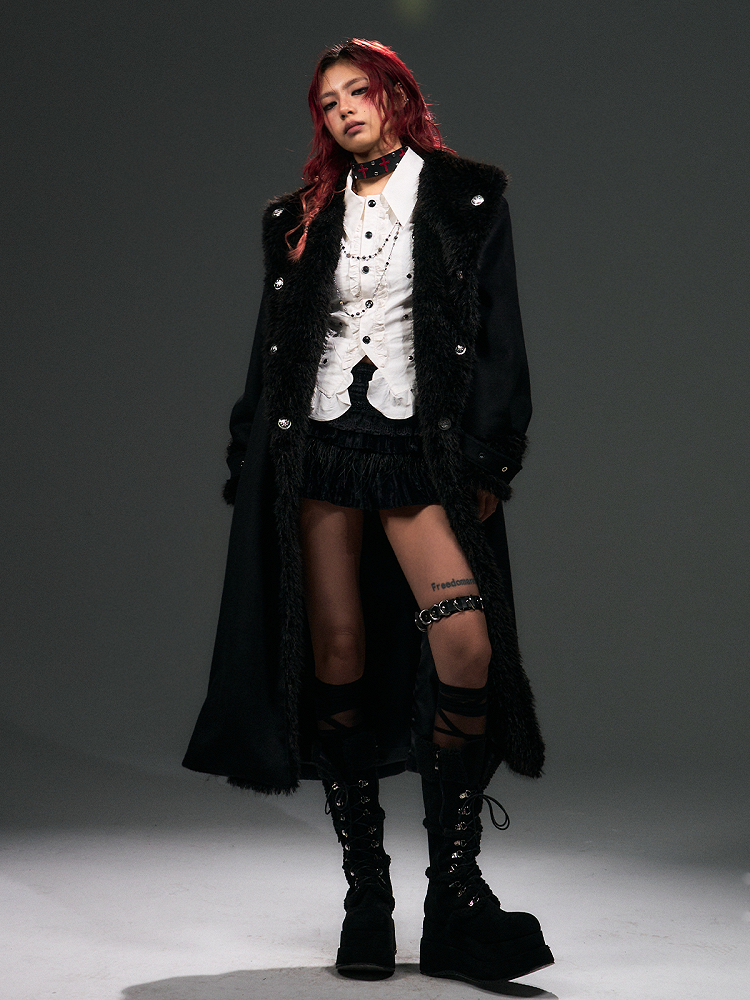 Collar Details Plush Studs Black Coat Punk Tie Wrap Around Long with