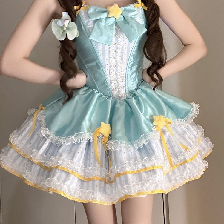 Stripe Basque and with Sweet Details Star Fluffy Accents Lolita Green Dress Waist