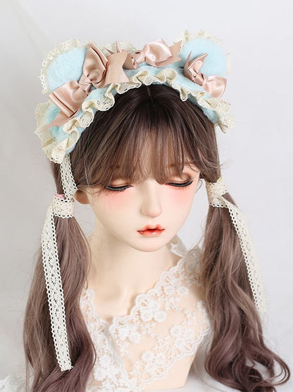 Plush Sweet Hairband Pink Green Ear / Bear Lovely Coffee Lolita