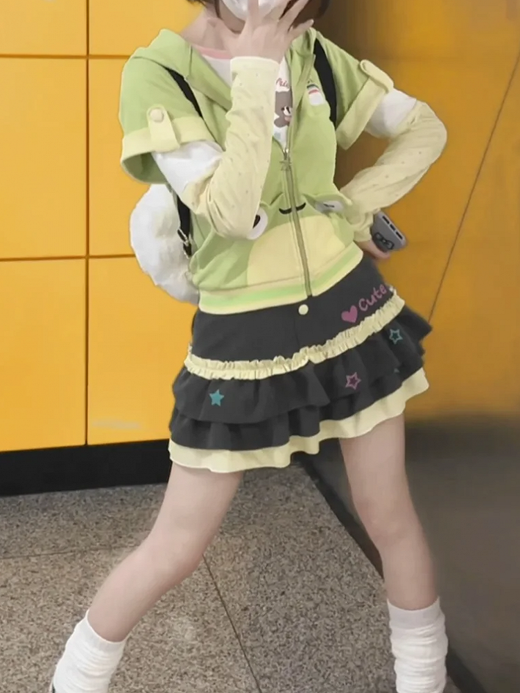 トップス キュート ショート フロッグ スリーブ グリーン