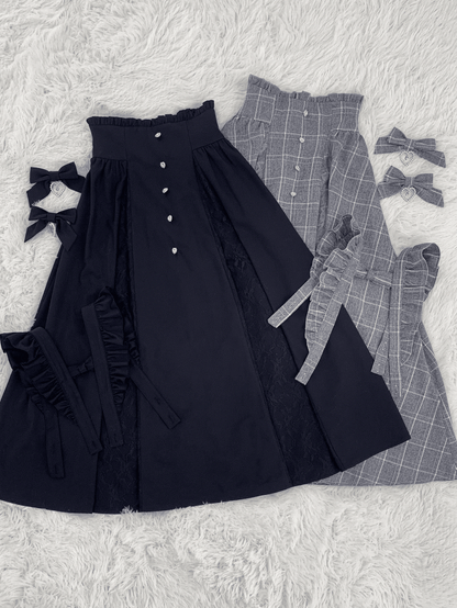 in Overall-Ärmeln, kariert, lang, flatternd, schwarz/grau, abnehmbarer Strass-Kei-Rock, Jirai-Akzente mit Stil