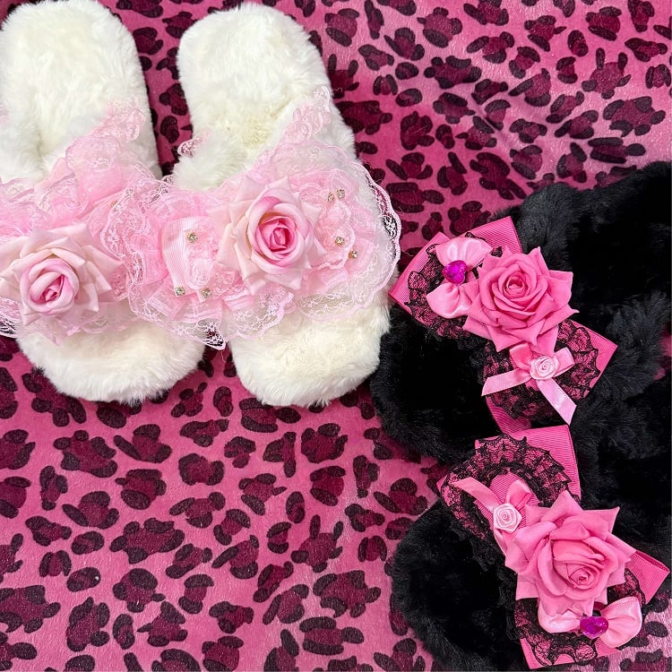 Fashion with Bow Slippers Plush Black/White Pink Gyaru Hime