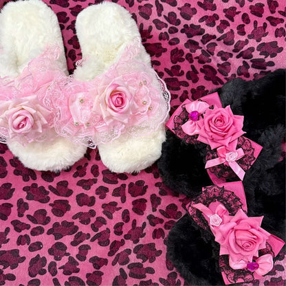 Fashion with Bow Slippers Plush Black/White Pink Gyaru Hime