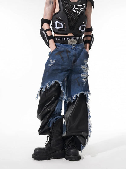 Patchwork - Grungy Blue Men's Black Hem Hand-lettering Raw and Jeans