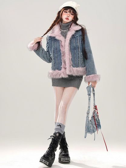 ブルーフェイクファートリム厚手デニムジャケット