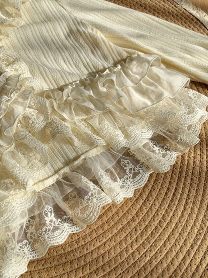 Cream Knit Top Spring/Autumn for Lolita Caidigan Trimmed Lace