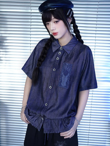 Purple Short Sleeve Shirt with Sea Lily and Drawstring - Quirky Hut
