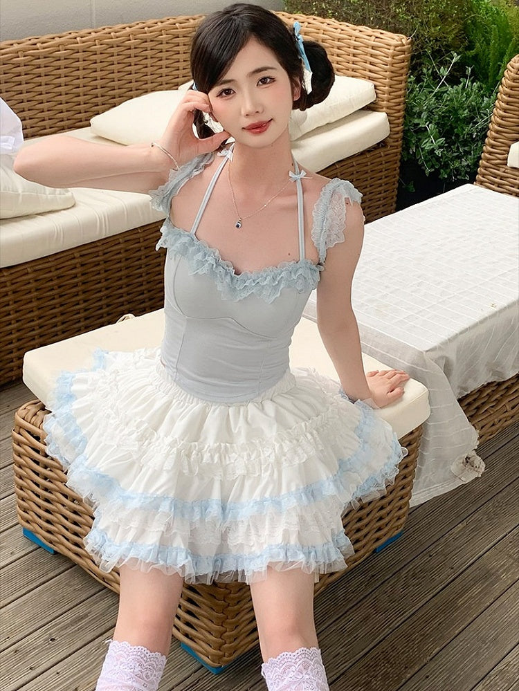 Puffy Layered High Waist Lace Skirt - Lan Jian Chuan