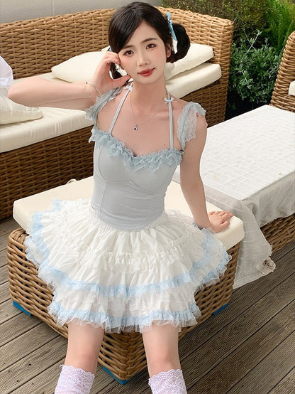 Puffy Layered High Waist Lace Skirt - Lan Jian Chuan
