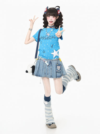 Blue Daily Kawaii Star Print Crew Neck Short Sleeve T-Shirt with 3D Star Decoration - Languid Park