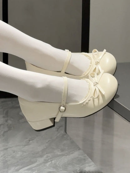 Runde Zehen Lolita geknotete Schleife mit Schuhen Matt Low-Heel Beige