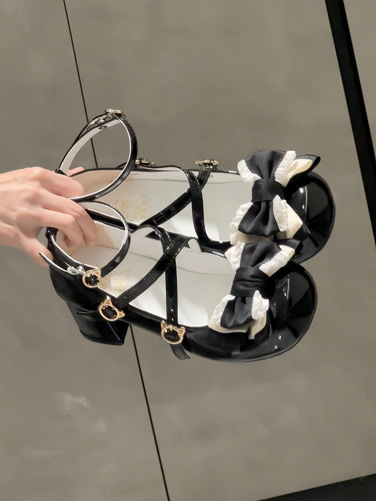 Bow Buckle PU Lolita Sweet Round Toe Cat - Accents Shoes Mary Heeled Black Jane 5cm