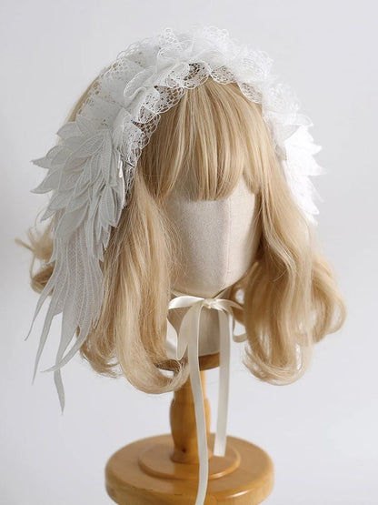 Lolita White/Black - Design Winged Lace Sheer Hairband Ruffled 2-Color