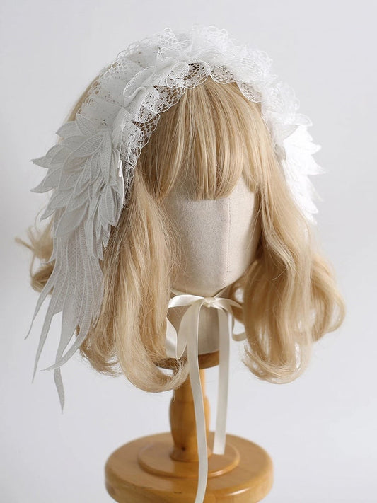 Lolita White/Black - Design Winged Lace Sheer Hairband Ruffled 2-Color