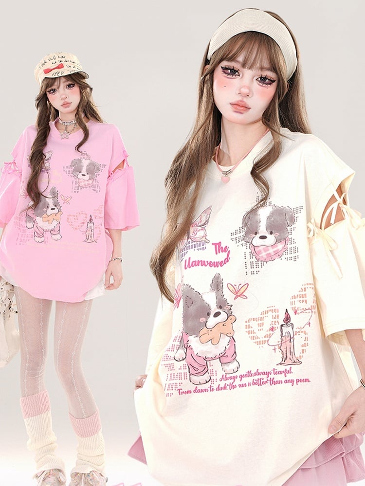 ピンク/アプリコットの漫画の子犬のタイアップカットアウトスリーブTシャツ