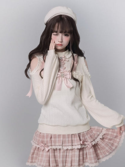 White Top Decor Kei Knit Trim Ribbon Pink With Lace Shoulder Seiso Cutout