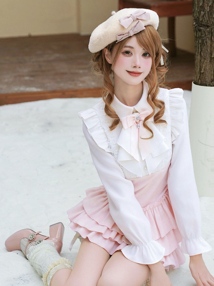 Style Two-Piece Pink Cape Ruffled Bow Jirai + Kei Design Pure Fake Dress