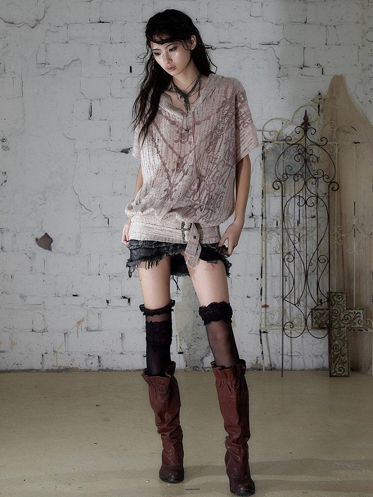Dusty Pink Distressed Hooded Batwing Knit Top - NO ROMANCE