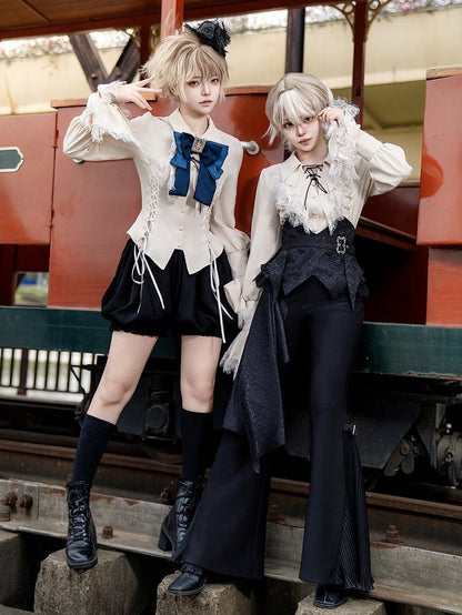 Gothic - Hosengürtel mit Riemen-Set + blaues ausgestelltes Lolita Ouji-Korsett mit schwarzer Fliege und Stäbchen