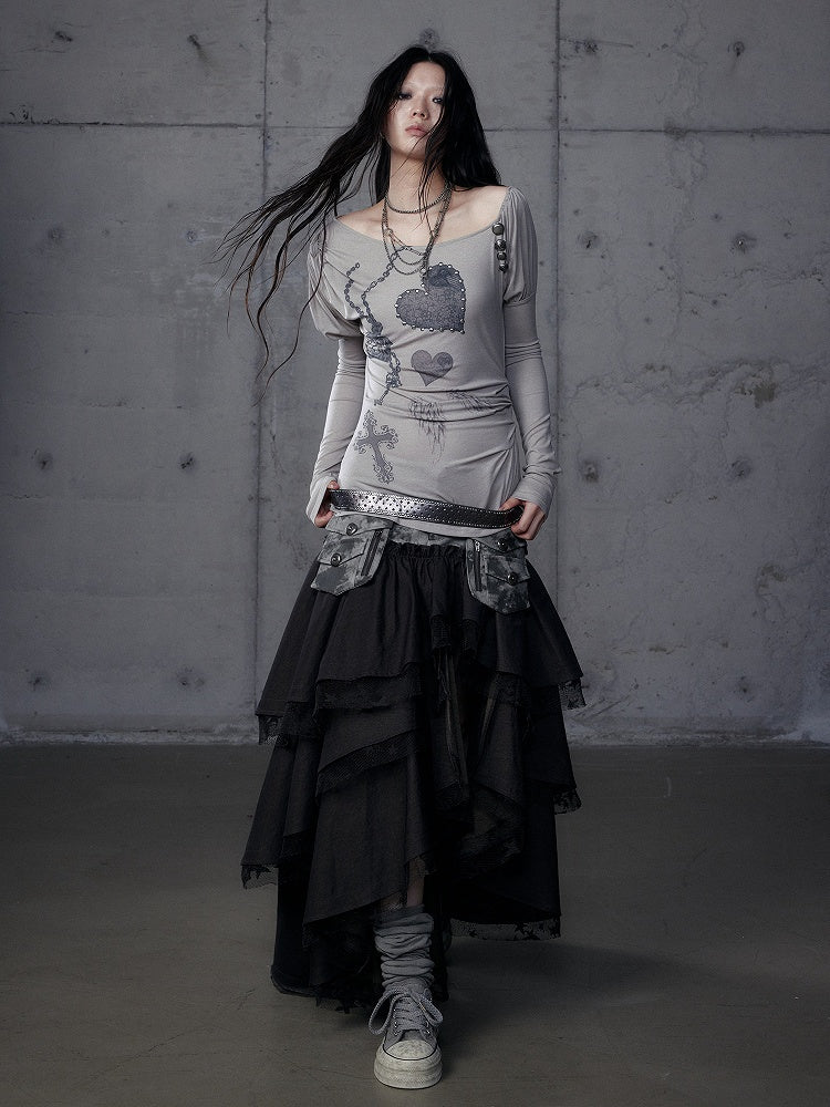 Punk Heart Cross Juliette Knit Top Gray with Sleeves Print Grunge Aesthetic Asymmetrical