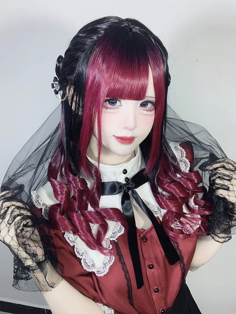 Red 68CM Ombre with Full Bangs Black Wig Straight